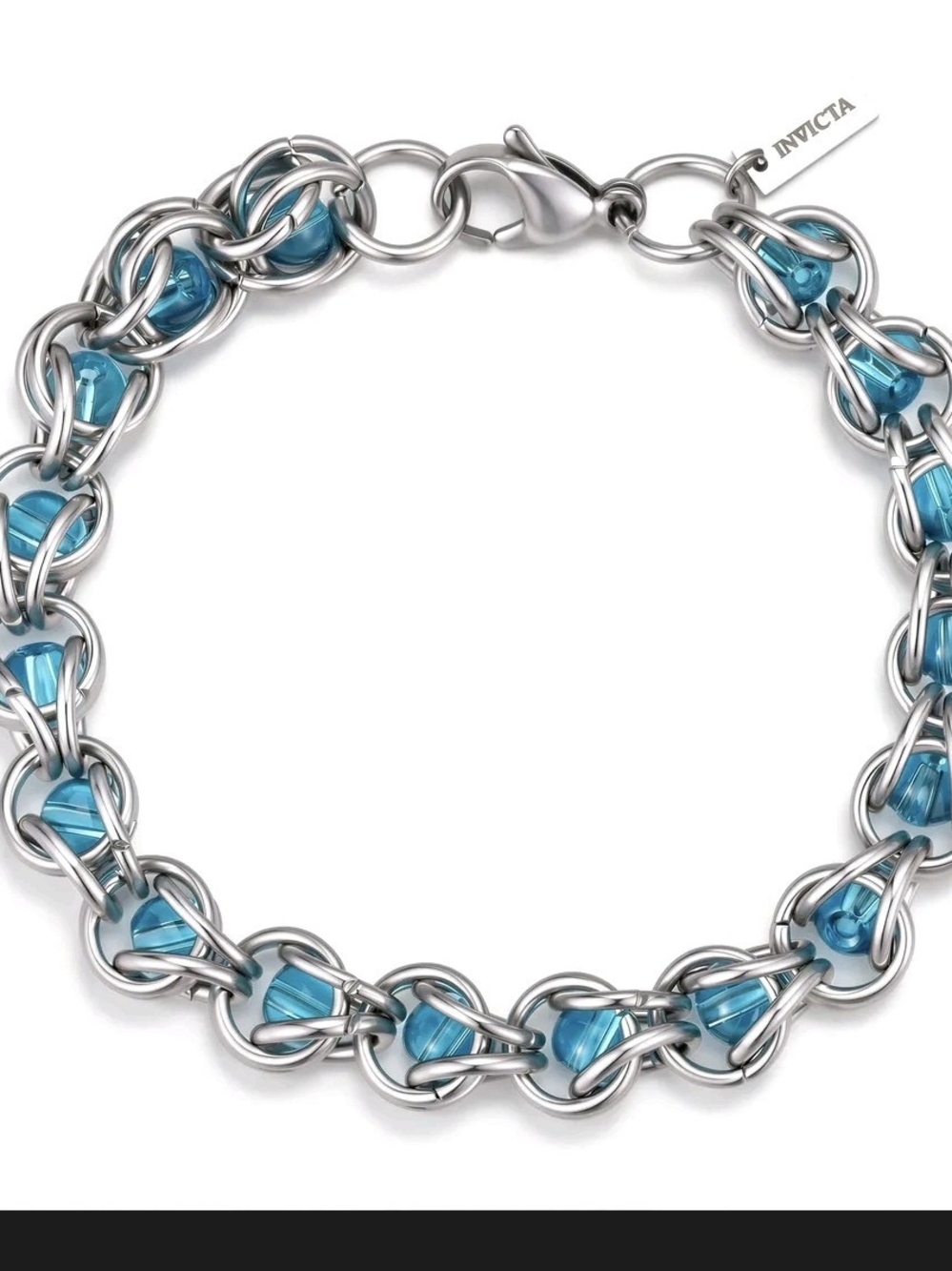 Invicta Silver Bracelet with Teal Blue Glass Accents